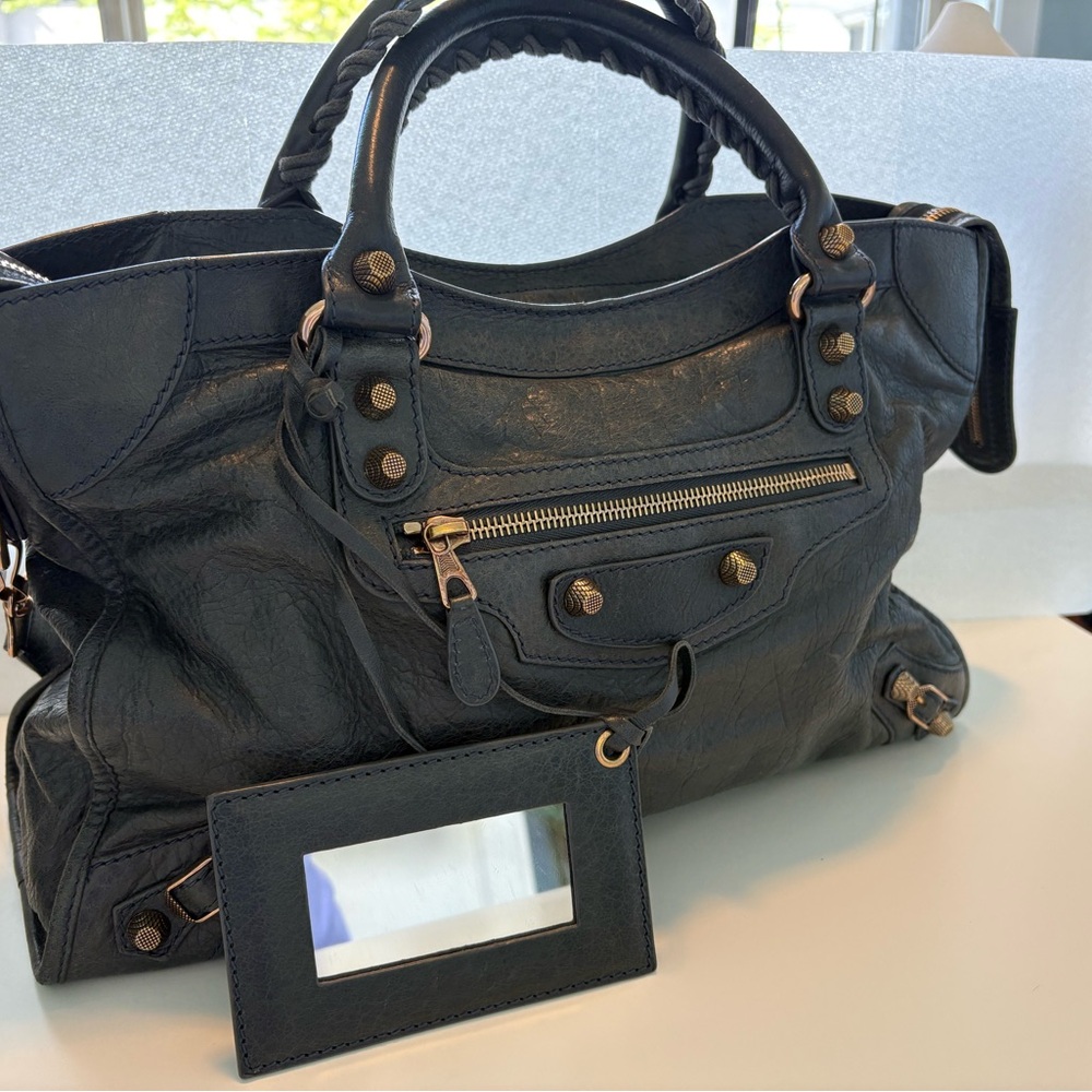 Balenciaga Gray and Blue Satchel with Distinctive Design